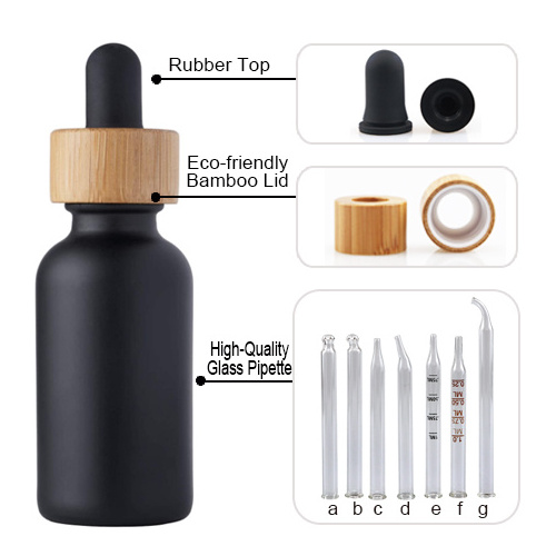 empty 30 ml 1 oz cosmetic cuticle hair essential oil bottles 30ml frosted black glass dropper bottle with bamboo lid top