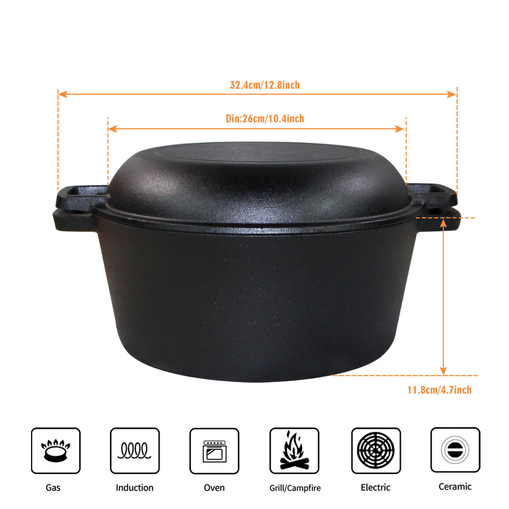 Pre-seasoned 5 Quart Black Camping cast iron Cookware 2 in 1 Pot Cast Iron Combo Cooker For Kitchen Cooking