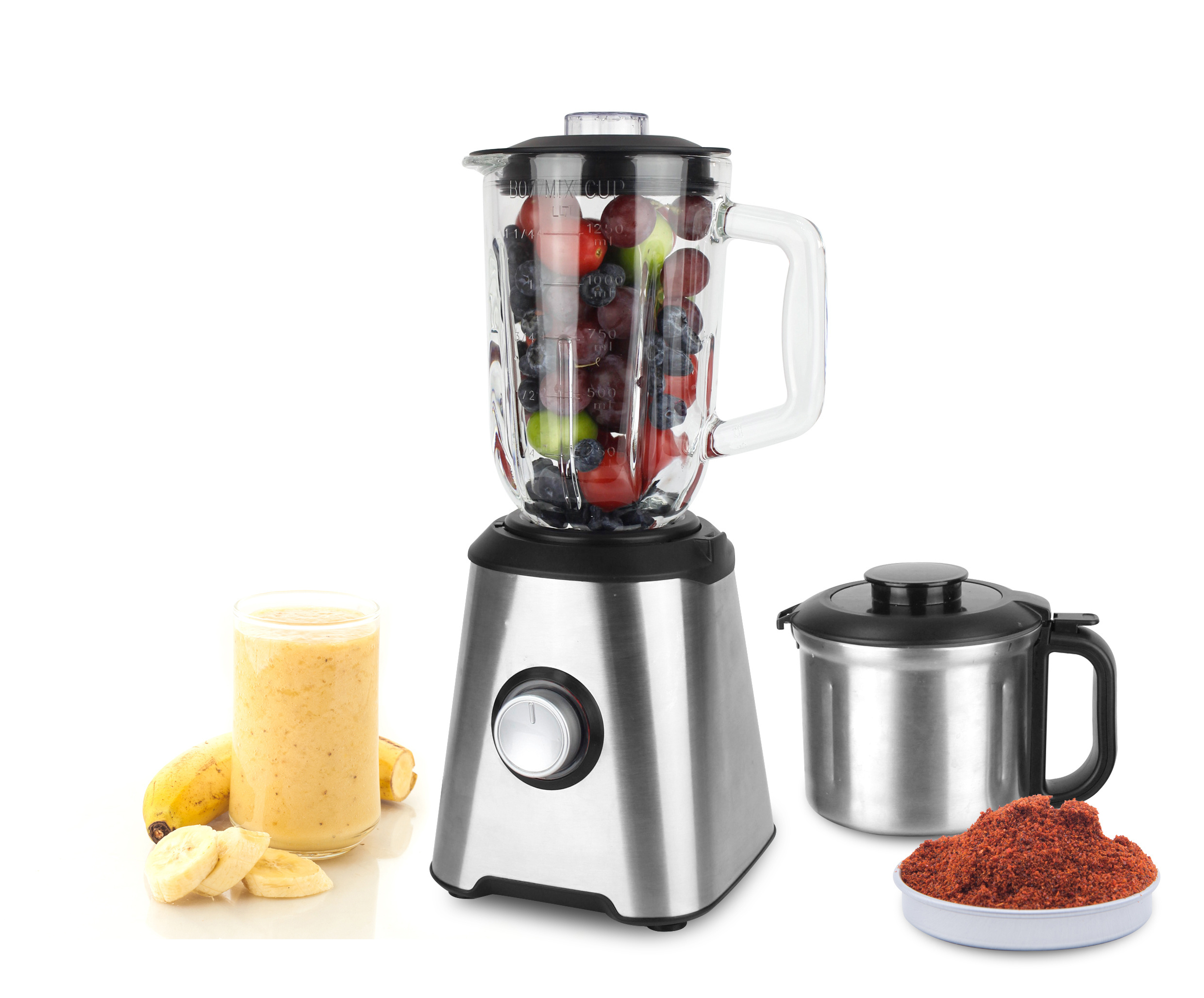 2020 New Design Multifunctional Food Processor Jar and Grinder Juicer and Grinder Stainless Steel Blender with Glass 2 in 1 1.25