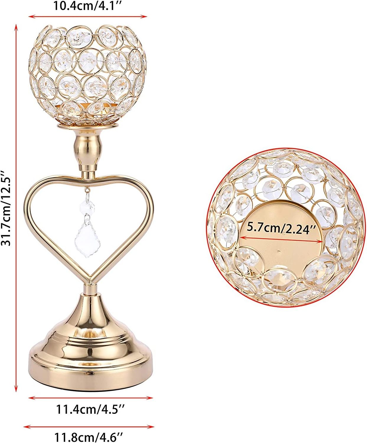 Gold Crystal Candle Holders Set of 2 Heart Shape Pillar Candlesticks for Home Decoration/Wedding table Centerpiece