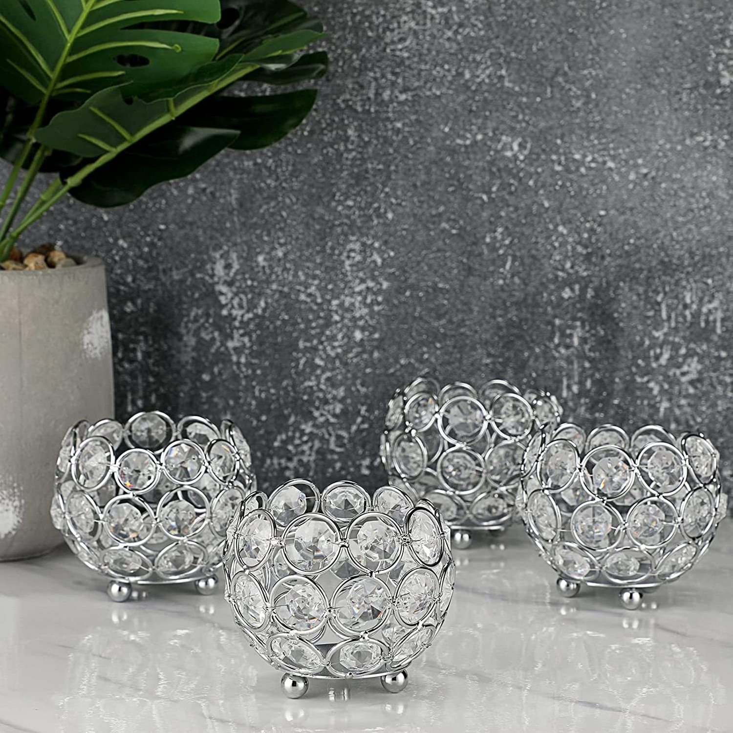 Set of 4 Crystal Bowl Tealight Holders/small Round Votive Candle Holders/Silver Crystal Tea Light Candle Lanterns Candle