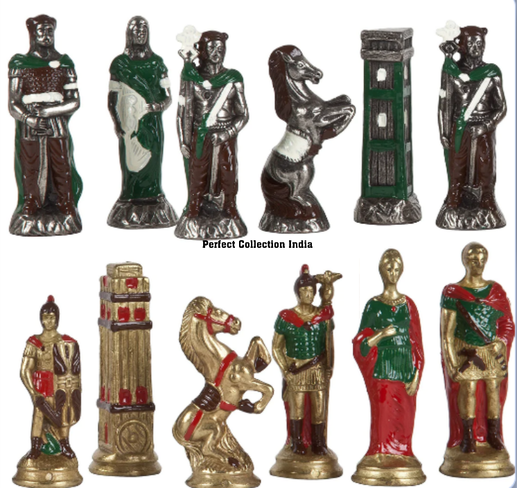 Brass Romans vs Barbarians Themed Chessmen & Ultimate Board/Cabinet Chess Set brass & silver antique chess set with wooden box