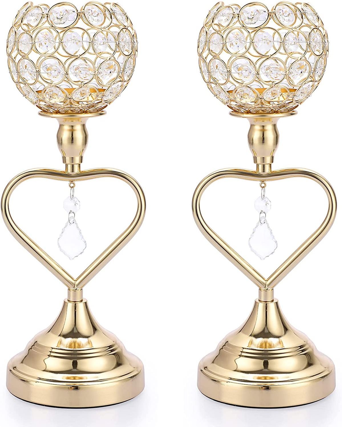 Gold Crystal Candle Holders Set of 2 Heart Shape Pillar Candlesticks for Home Decoration/Wedding table Centerpiece