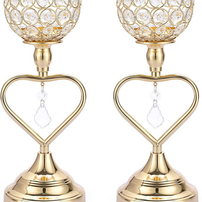 Gold Crystal Candle Holders Set of 2 Heart Shape Pillar Candlesticks for Home Decoration/Wedding table Centerpiece