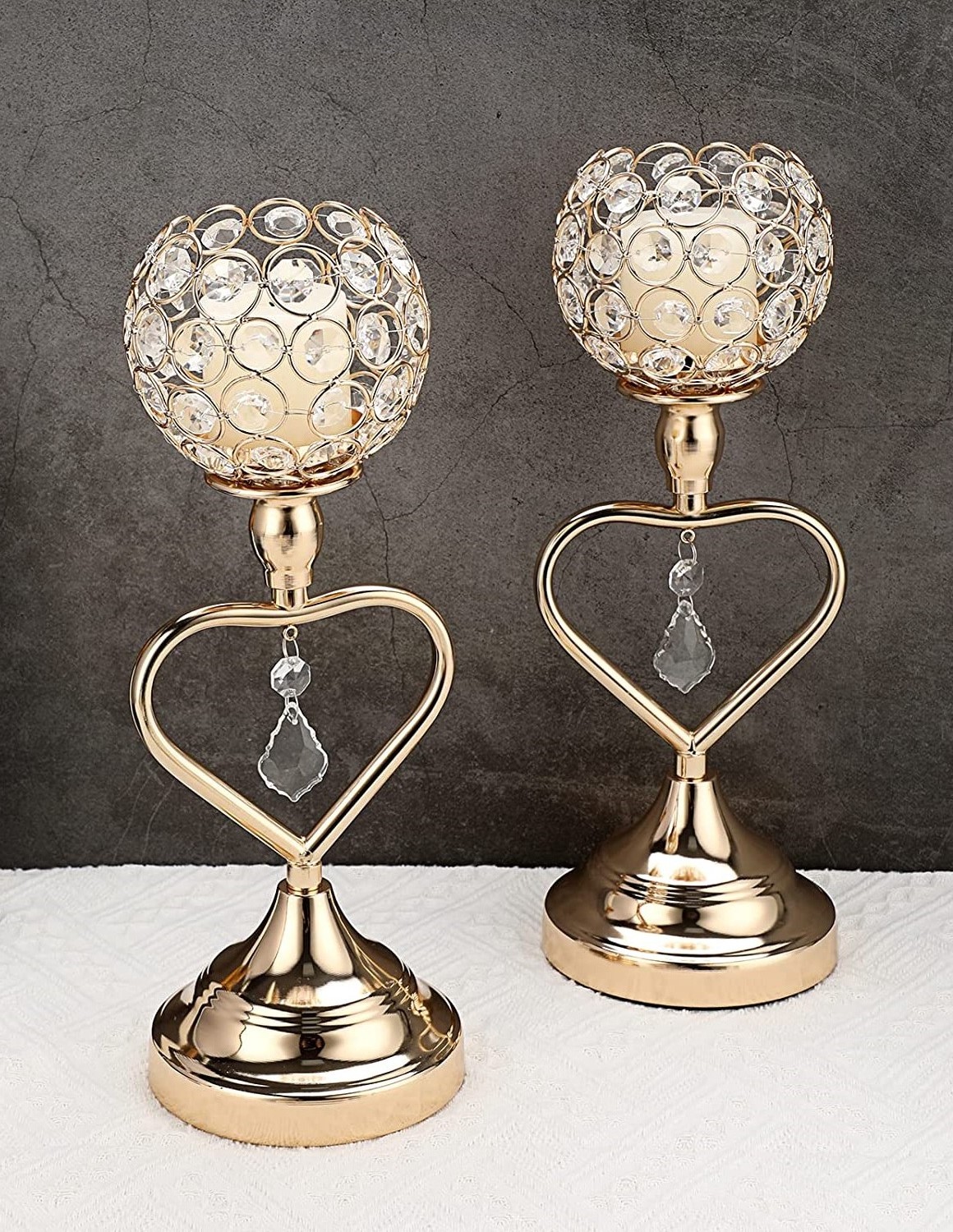 Gold Crystal Candle Holders Set of 2 Heart Shape Pillar Candlesticks for Home Decoration/Wedding table Centerpiece