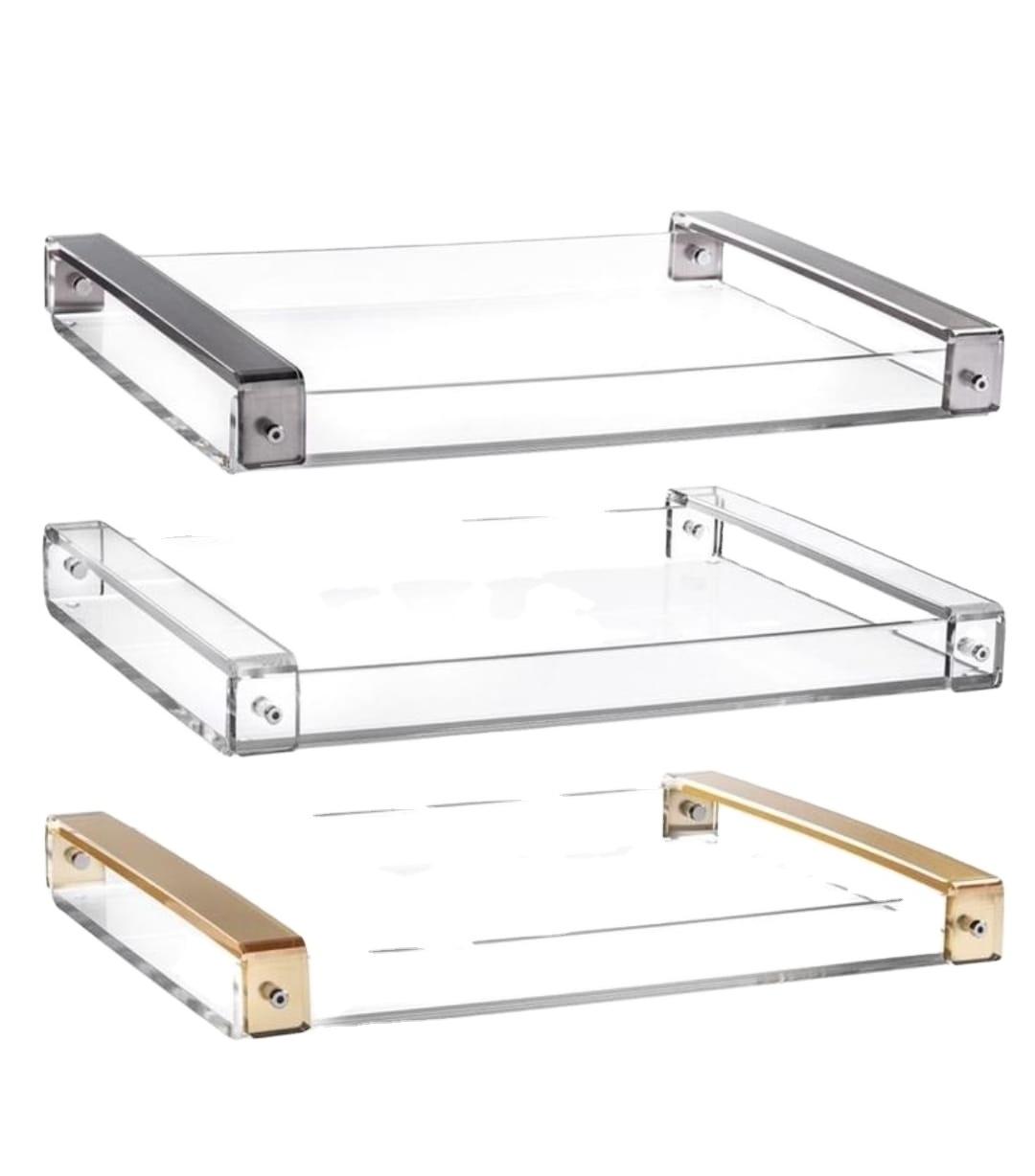 acrylic eating utensils/metal utensils/Rectangle Acrylic Serving Tray Clear Storage Tray With Gold Handles acrylic hotel trays