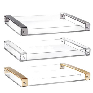 acrylic eating utensils/metal utensils/Rectangle Acrylic Serving Tray Clear Storage Tray With Gold Handles acrylic hotel trays