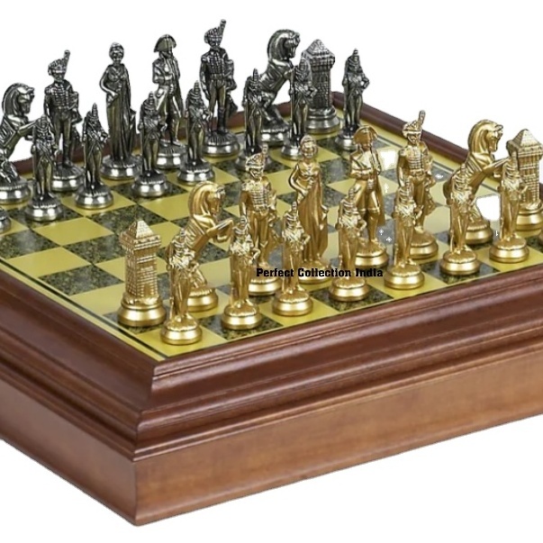 gold silver metal brass chess chips/wood chess board box Metal Chess/Brass Napoleon Themed Chessmen & Cabinet Board Chess Set