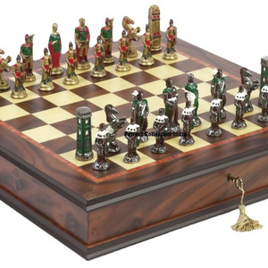 Brass Romans vs Barbarians Themed Chessmen & Ultimate Board/Cabinet Chess Set brass & silver antique chess set with wooden box