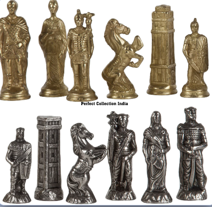 Brass Romans vs Barbarians Themed Chessmen & Ultimate Board/Cabinet Chess Set brass & silver antique chess set with wooden box