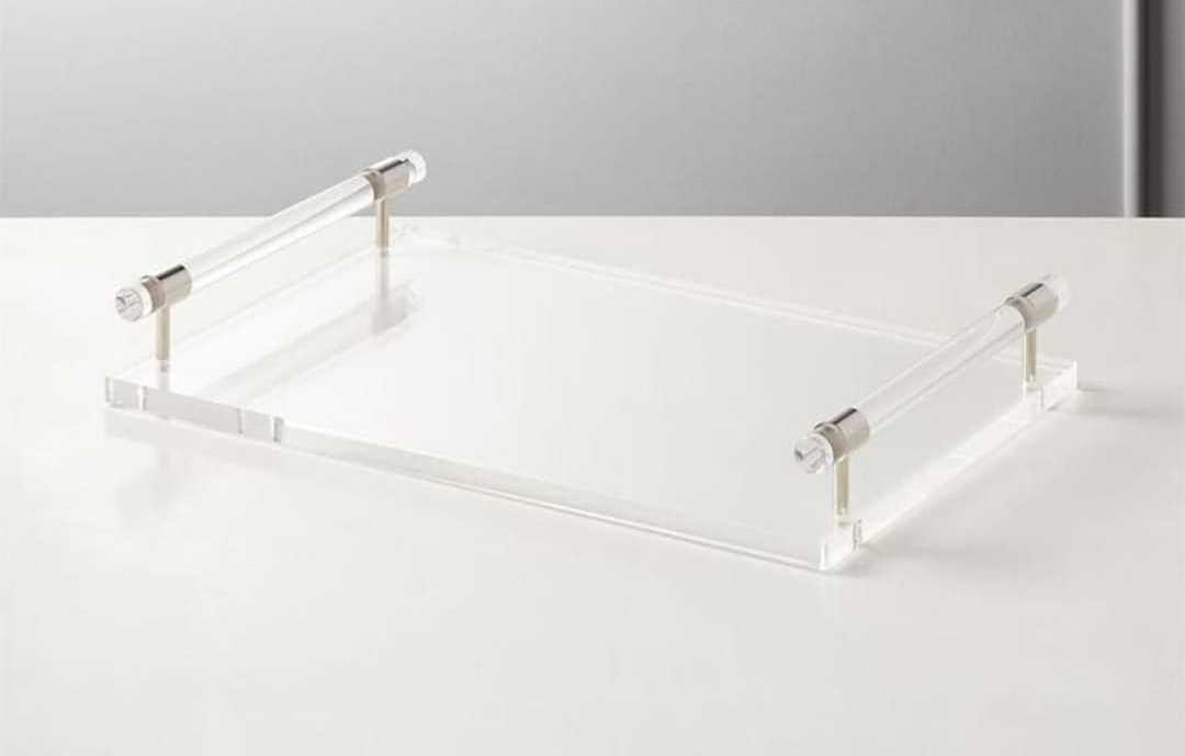 acrylic eating utensils/metal utensils/Rectangle Acrylic Serving Tray Clear Storage Tray With Gold Handles acrylic hotel trays