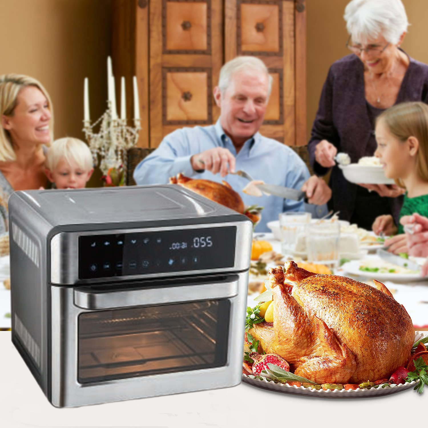 1800W Power 12 Preset Cooking Menu Stainless Steel With Visible Window 25L Digital Air Fyrer Oven