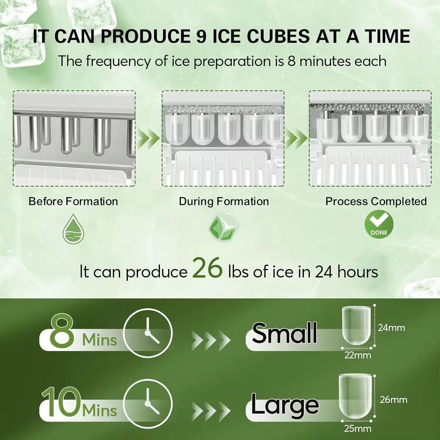 Nugget Ice Maker Machine for Countertop Self-Cleaning Function 26Lbs/24H Portable Ice Maker 9 Cubes Ready in 6 Mins Compact Ice