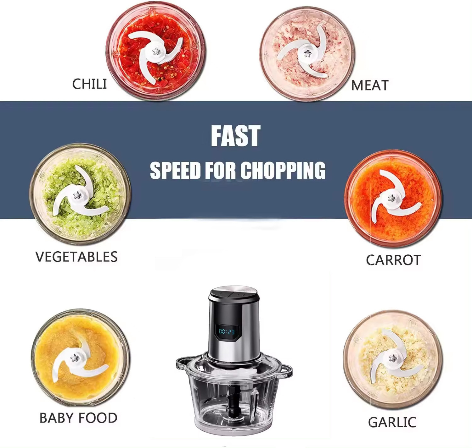 Hot Sell  vegetable Chopper Food Processor Multi-function Food Chopper 0.6L 1.2L 2L 3L Glass Bowl