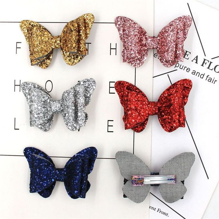 Girls Butterfly Shaped 3 Layers Bow Clip Hair Accessories Glitter Bow Hair Clips