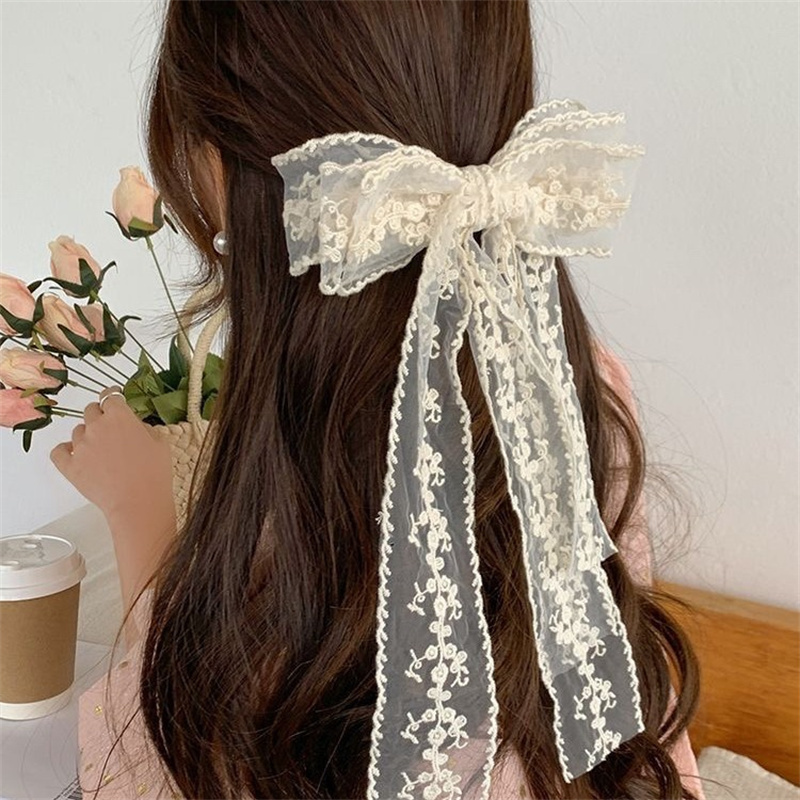 Elegant Lace Bow Clips with Long Tail Lace Hair Bows Gift for Women Girls