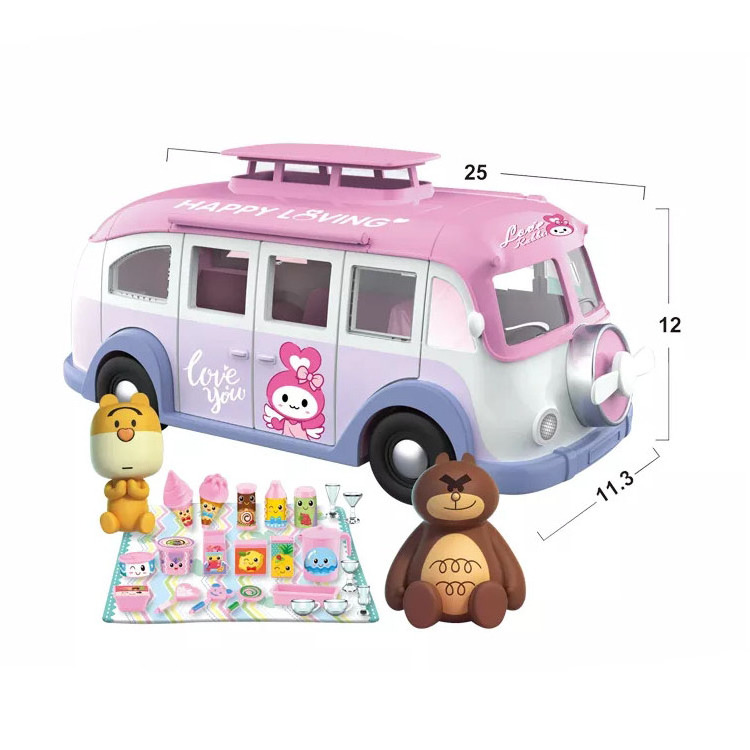 Diy Play Set Children Cartoon Mini Food Bus With Kitchen Toy