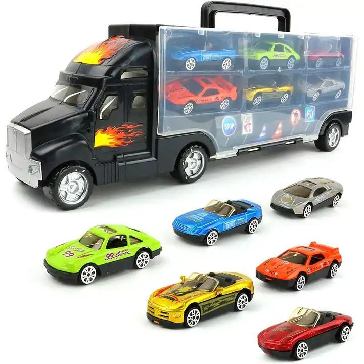 Hot Sale Transport Car Carrier Truck Toy With 6 Stylish Metal Racing Cars Toy Truck Transport Carrier Car For Kids