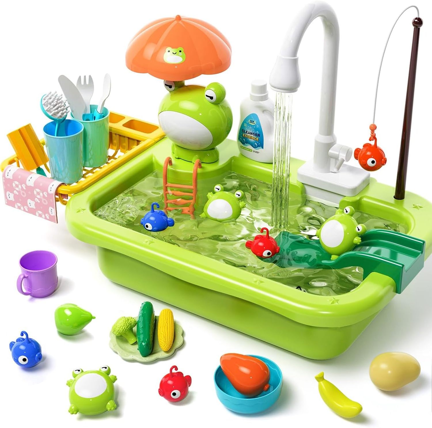 Play Sink with Running Water Kitchen Sink Toys with Upgraded Electric Faucet Pool Floating Fishing Toys for Water Play