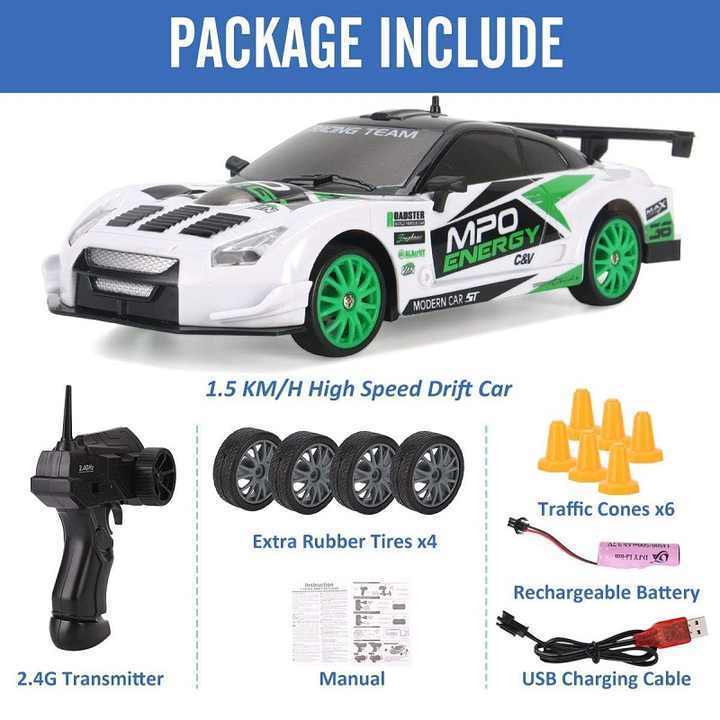 RC Drift Car 1/24 2.4GHz 4WD Remote Control Sport Racing On-Road Vehicle with LED Light Batteries and Drift Tires