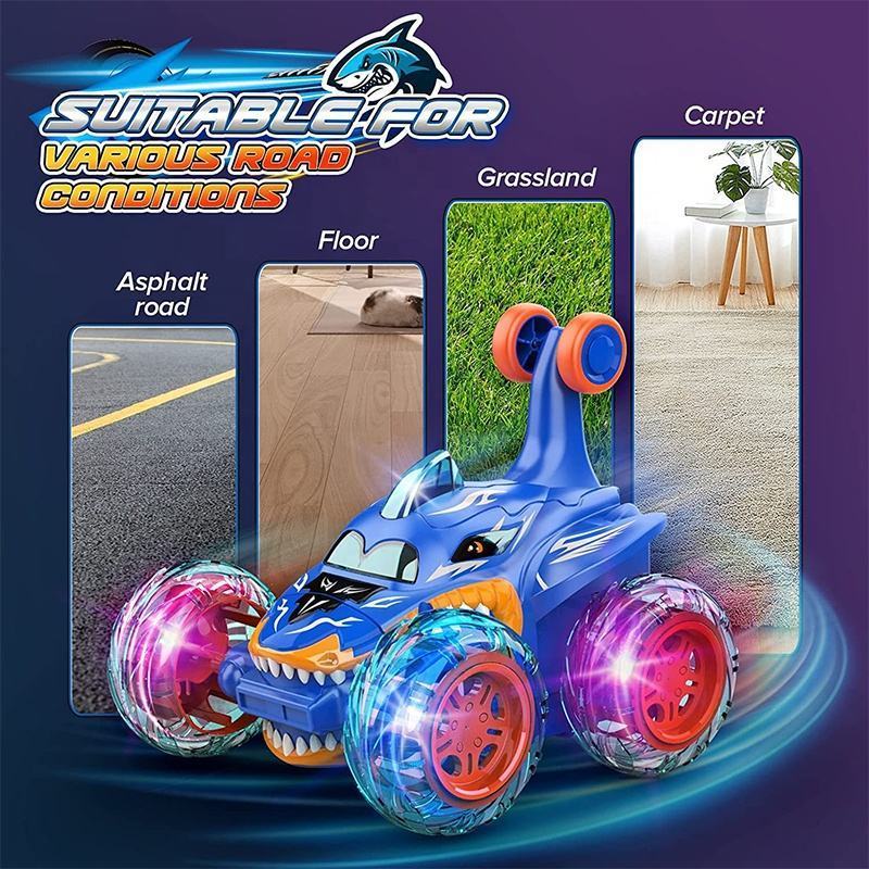 Hot Selling 360 Degree Flips RC Shark Stunt Car  with Cool Wheel Lights 2.4GHz Remote Control Monster Truck for Kids