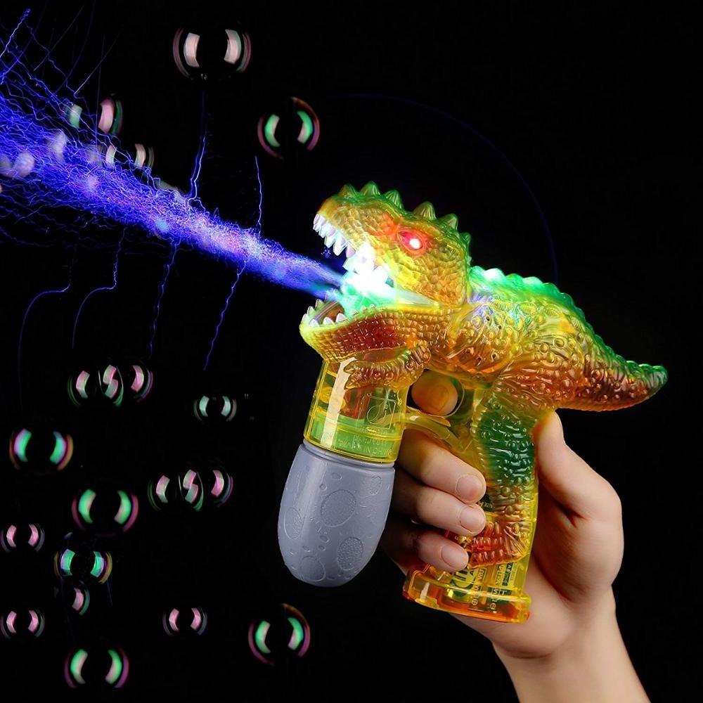 Toy dinosaur bubble gun with LED flash light up sound and soap bubble water