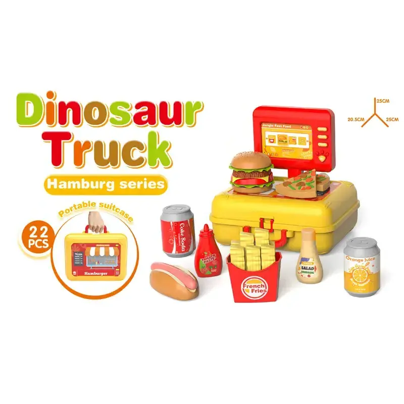 22 Pieces Plastic Fast Food Hamburger Toy with Friction Dinosaur Truck Car Kids Pretend Play House Food Set