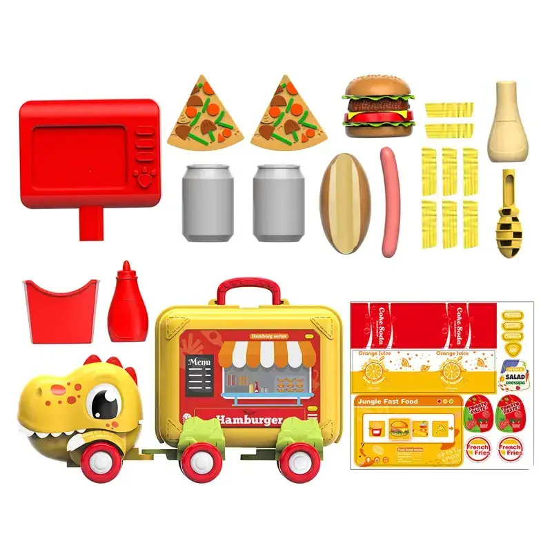 22 Pieces Plastic Fast Food Hamburger Toy with Friction Dinosaur Truck Car Kids Pretend Play House Food Set