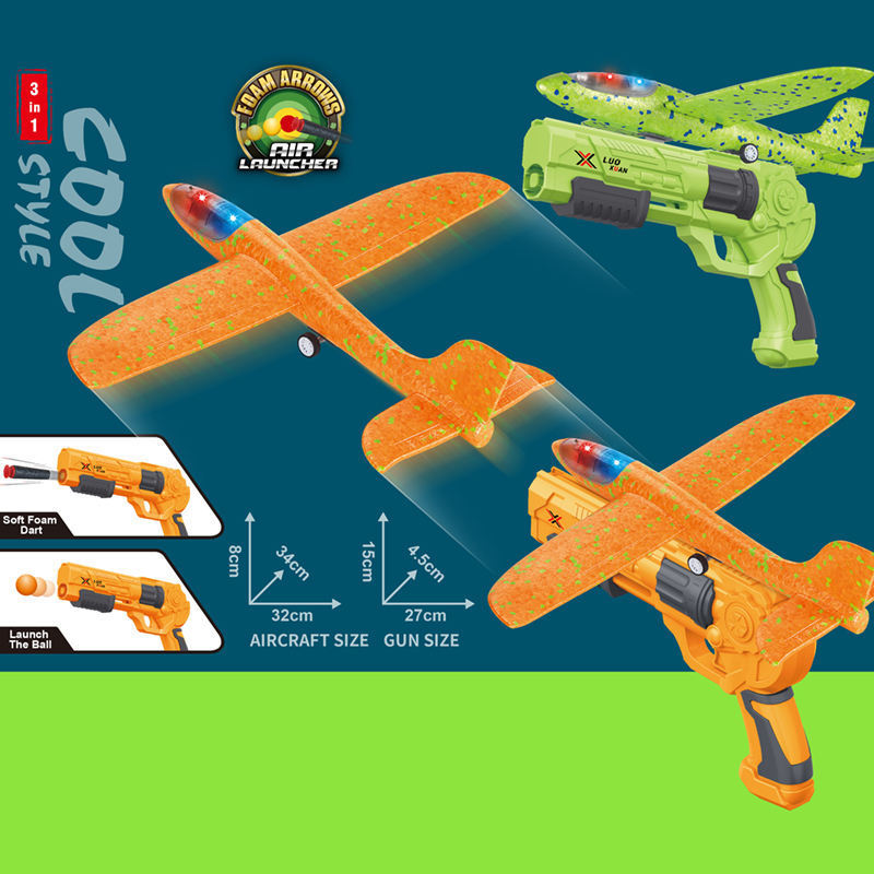 3 in 1 Launch Airplane Gun Toy 2 Flight Mode Air Glider Plane Eject Flying EVA Foam Aircraft Soft Projectile Guns