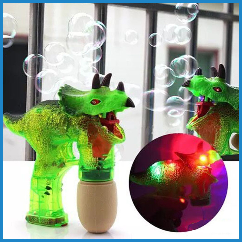 Toy dinosaur bubble gun with LED flash light up sound and soap bubble water