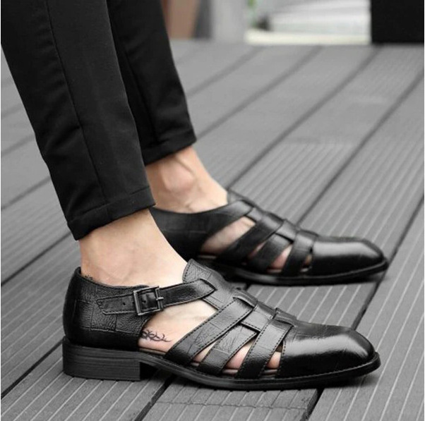 PDEP classic black leather sandals for men buckle italian leather saudi sandals leather men