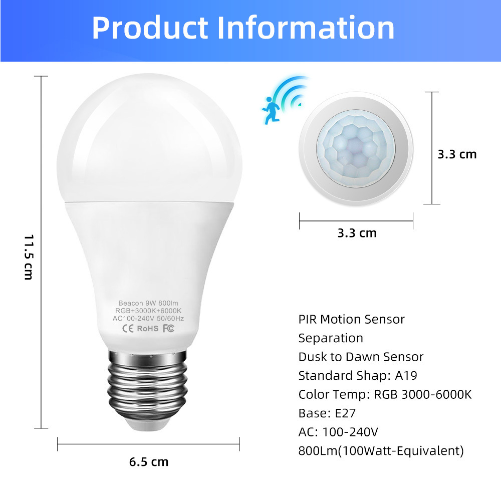 Motion Sensor Led Bulb KYOEON Smart RGBCW LED Bulb works with Tuya A19 E26 9W smart bulb with WiF