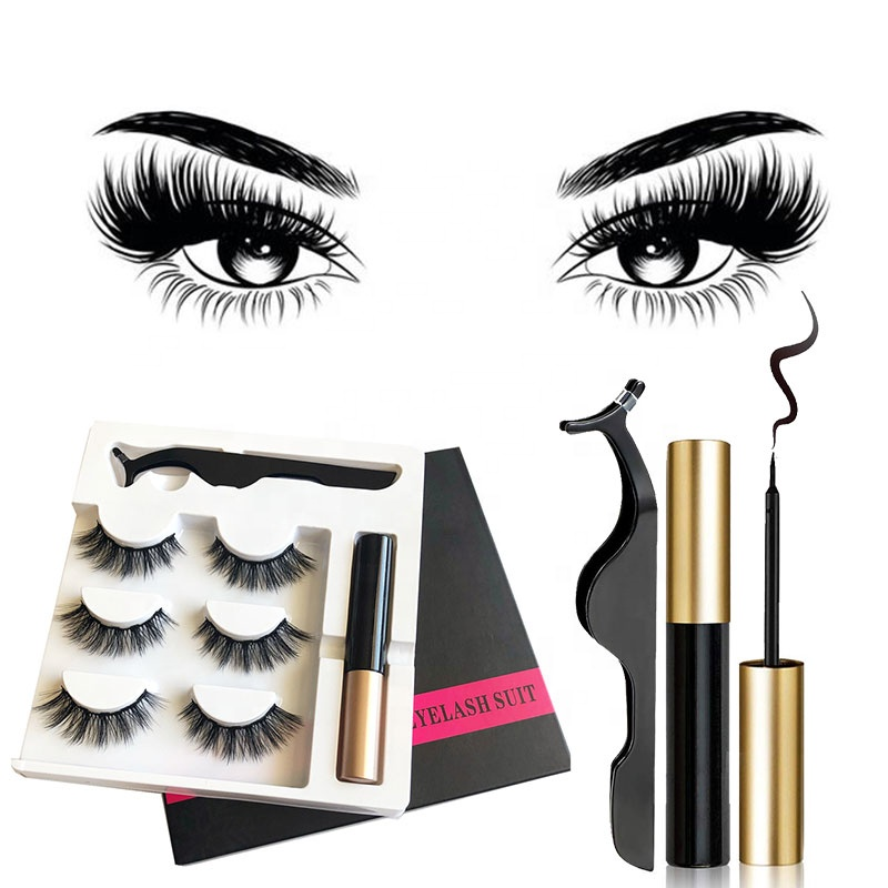 New Style 3D Magnetic Lash Kit with Magnetic Eyeliner Glue Pen in a Lash Box 3 Pairs Magnetic False lashes Set