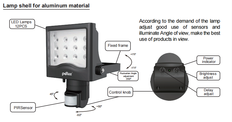 Pdlux PD-PIR2012 Outdoor Infrared Motion Sensor Led Floodlight Waterproof Led Light Dimmable Led Ceiling Light Residential 50hz