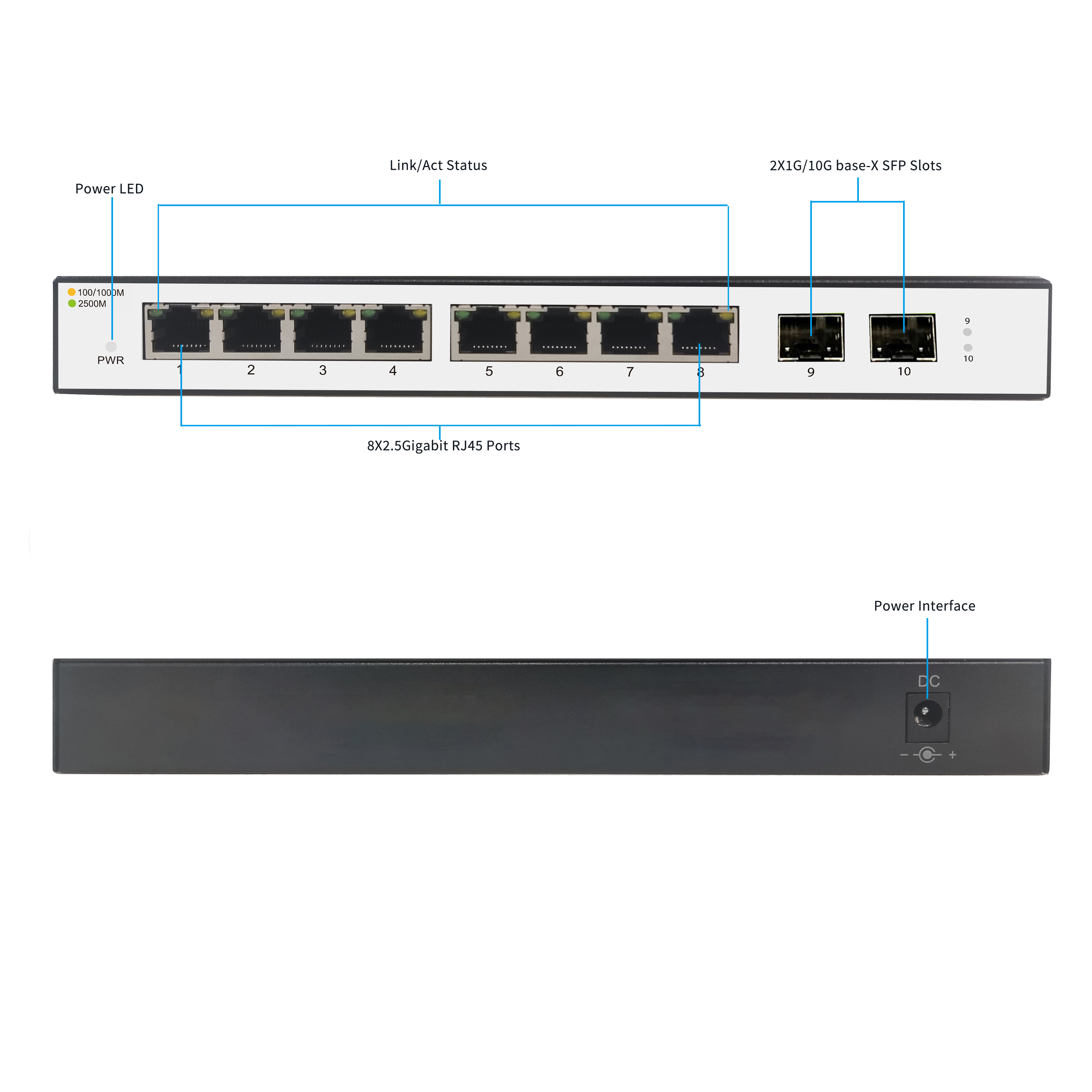 2.5G L2 Managed PoE Switch with 8*2.5G+2*10G SPF RJ45 Ports 802.3af/at (PoE+) Full Network Switches