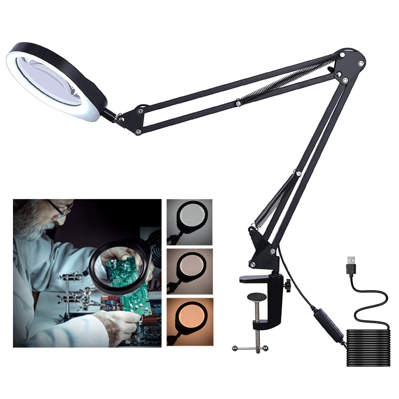 Magnifying Glass with Light and Stand 3 Color Modes Stepless Dimmable 5.5 Diopter Glass Lens Adjustable Swivel Arm LED Magnifier