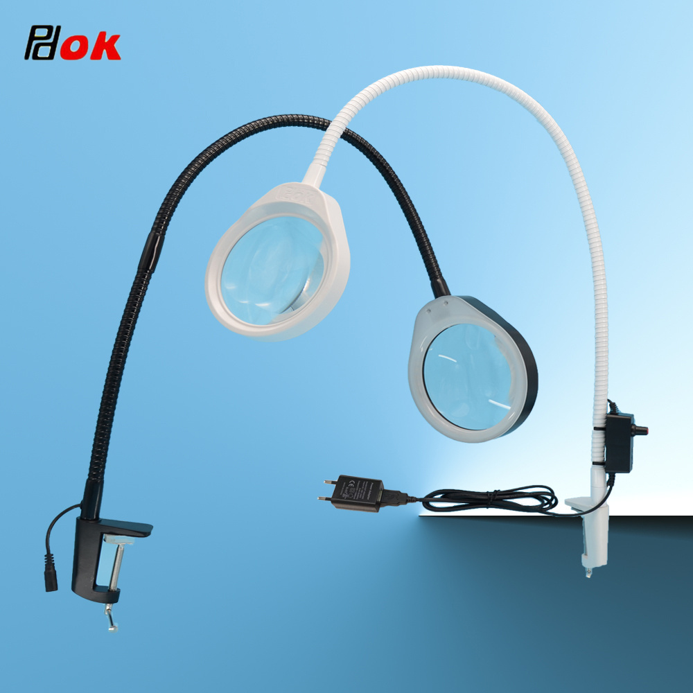 PDOK Table Magnifier 127MM Clip-on Desk Magnifying Glass with LED Lamp Loupe for Reading Watch Repair