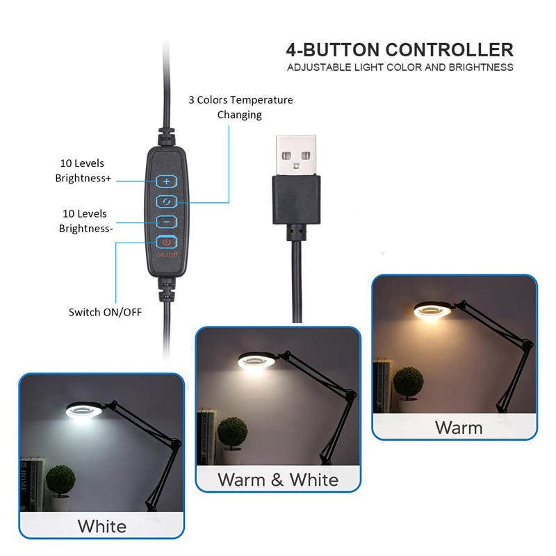 Magnifying Glass with Light and Stand 3 Color Modes Stepless Dimmable 5.5 Diopter Glass Lens Adjustable Swivel Arm LED Magnifier