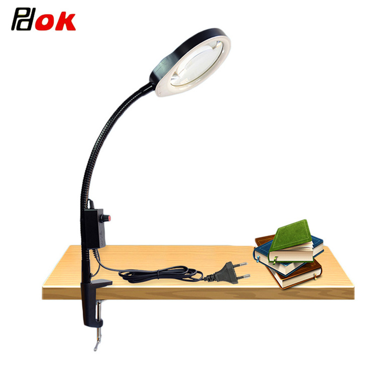 PDOK Table Magnifier 127MM Clip-on Desk Magnifying Glass with LED Lamp Loupe for Reading Watch Repair