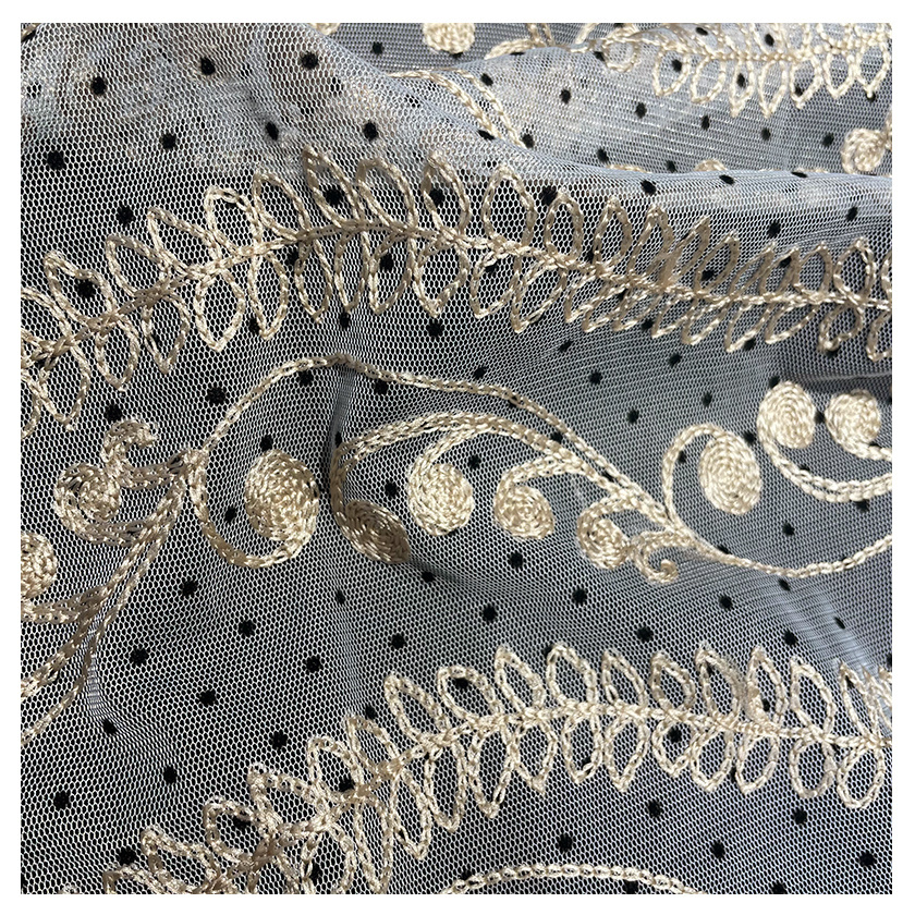 2022 Shaoxing Pengda Textile Nylon Polyester swiss polka dot flocking pattern tulle mesh Embroidered Fabric