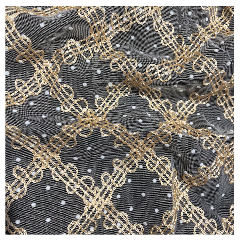 2022 Shaoxing Pengda Textile Nylon Polyester Swiss White Polka Dot Flocking Pattern Printed Tulle Mesh Embroidered Fab