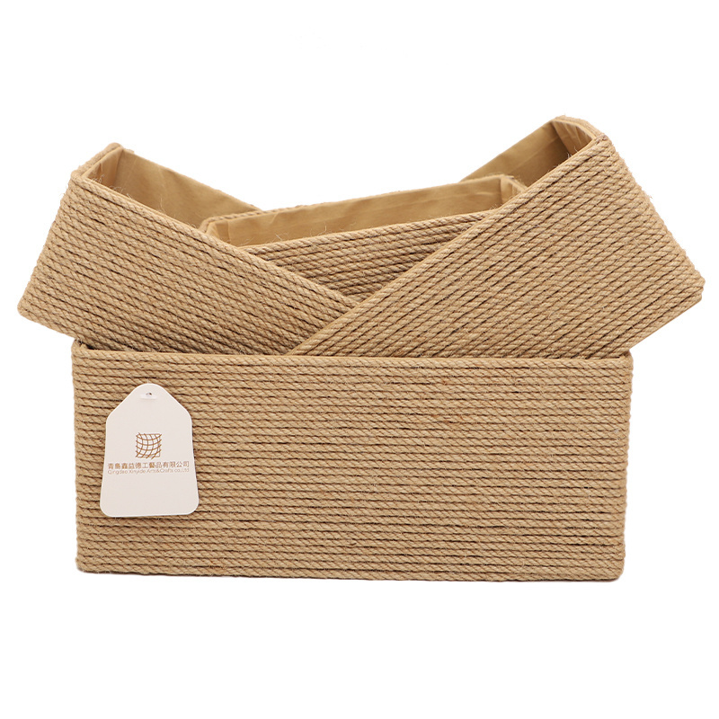 Rectangular Desktop Storage Handmade Handcraft Metal Wicker Basket Jute Rope Woven Wicker Basket Gift Storage Baskets