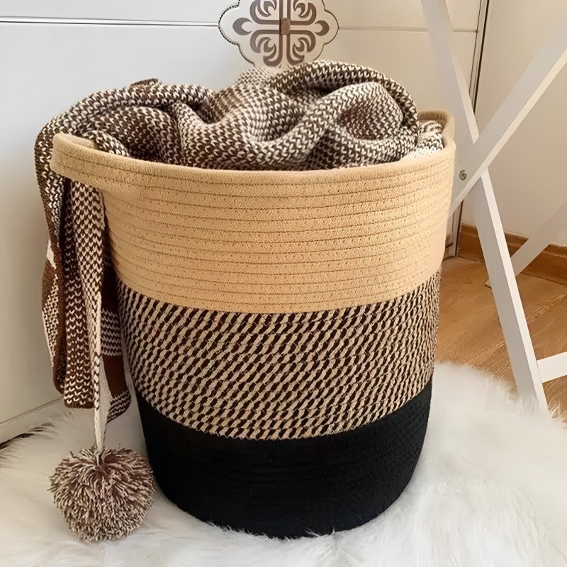 Woven Basket Jute Rope Cotton Basket Room Storage Basket for Shoes Boho Toy Yoga Mat Storage Round Storage Bin