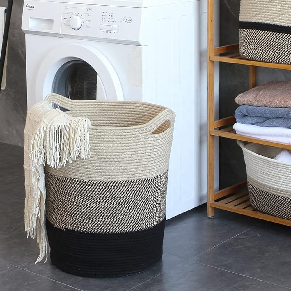 Woven Basket Jute Rope Cotton Basket Room Storage Basket for Shoes Boho Toy Yoga Mat Storage Round Storage Bin