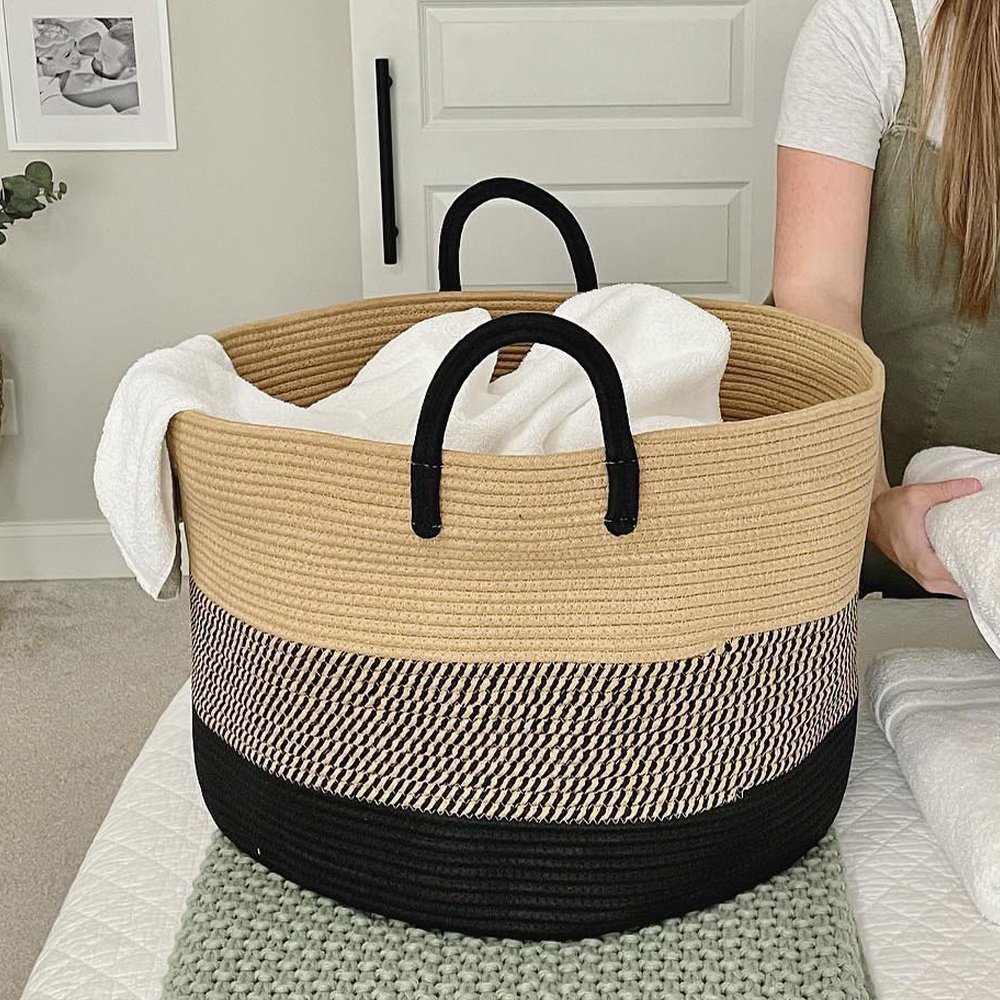 Folding Collapsible Organizer Laundry Hamper Storage Basket Tall Bucket Cotton Rope Large Woven Baskets For Storage