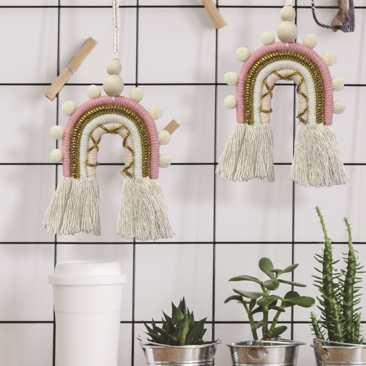 Hot Selling Cotton Cot Mobile Rainbow and Cloud Macrame Mobile With Bamboo Frame Hanging Wall Wholesale