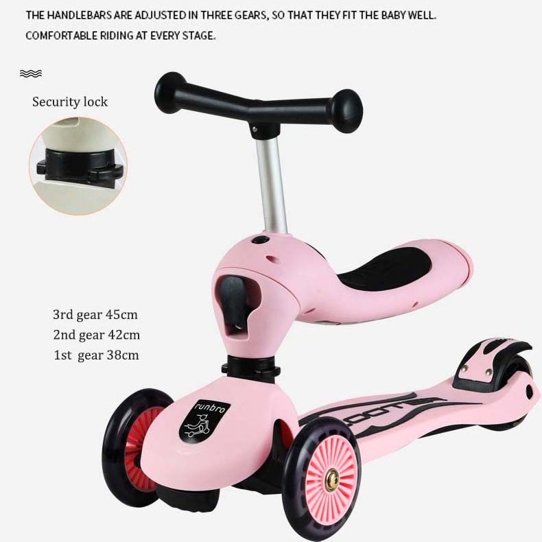 Hot selling 3 Wheeled kick Scooter For Child 2-in-1 Adjustable Height Handlebars and Removable Seat Wide Standing Board Age 2-12