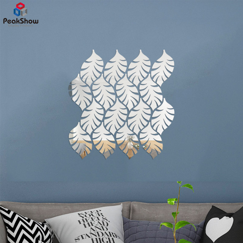 Peakshow Customized Acrylic Three-dimensional geometric tree leaf mirror 3D Wall Stickers DIY Home Decoration Stickers