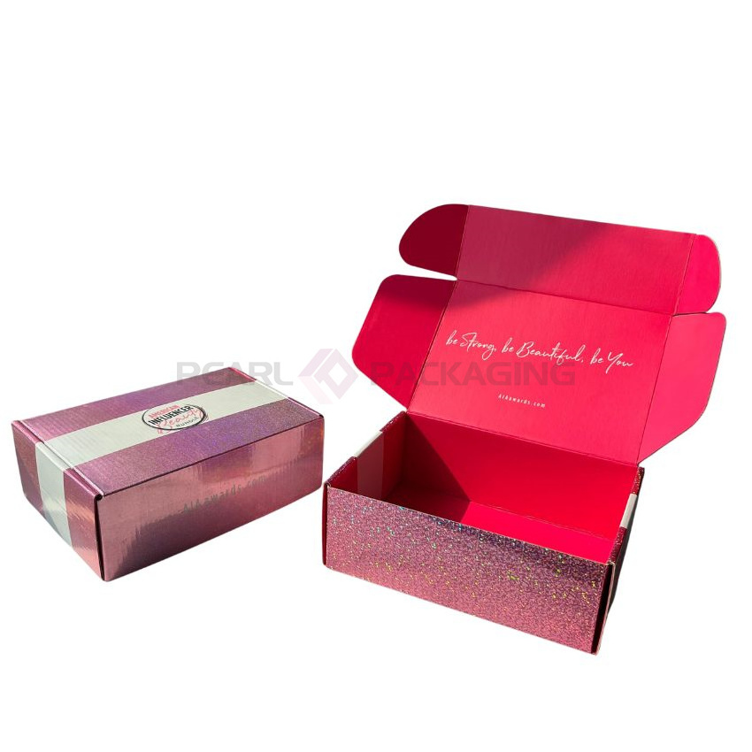 Hot Pink Glitter Corrugated Paper Holographic Shipping Box Mailer Beauty Subscription Box and Gift Packaging