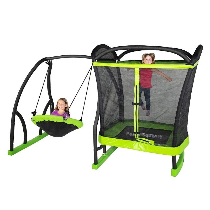 Kids jumping 4' trampoline and Saucer Swing Set  toys in Green/Black